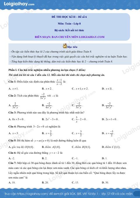 Đề thi học kì 2 Toán 8 Kết nối tri thức - Đề số 6